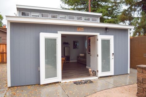 This Man Cave has it all. With a clerestory style roof, extra attic space for storage, and plenty of room inside, it's an ideal place to host guys night, poker games, game night, or just have a few happy hour drinks with friends. Your backyard shed can make a great entertaining space, with just a little DIY work. Pool Table Shed Ideas, Shed With Pool Table, Man Cave Shed Ideas, Party Shed, Sheds Ideas Backyard, Outdoor Man Cave, Cool Sheds, Yard Storage, Man Cave Shed