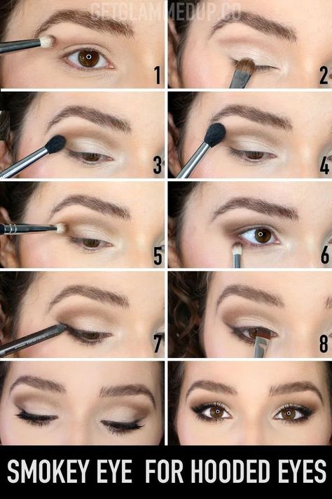 Hooded Eye Makeup Guide, Makeup Brown Hooded Eyes, Party Makeup Hooded Eyes, Brown Hooded Eyes, Hooded Almond Eye Makeup, Small Hooded Eyes, Eye Makeup Hooded Eyes, Nude Smokey Eye, Makeup Hooded Eyes