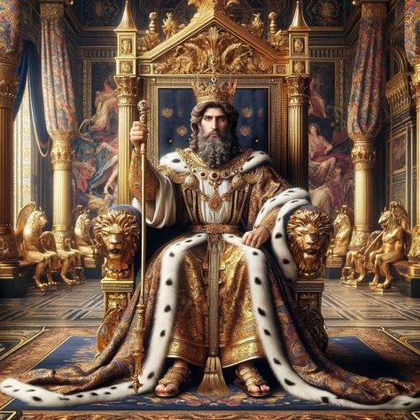 A majestic portrayal of King David sitting on a grand throne in a royal court. Adorned in regal robes and a crown, holding a scepter. The throne room is richly decorated with intricate tapestries and golden accents, reflecting the splendor of his kingship. David's expression is wise and confident. Kings Throne Chair, King Sitting On A Throne Reference, King Painting Art, King Sitting On Throne Pose, King In Throne, On Throne Pose, Royal Throne Room, King Sitting On Throne, King On A Throne