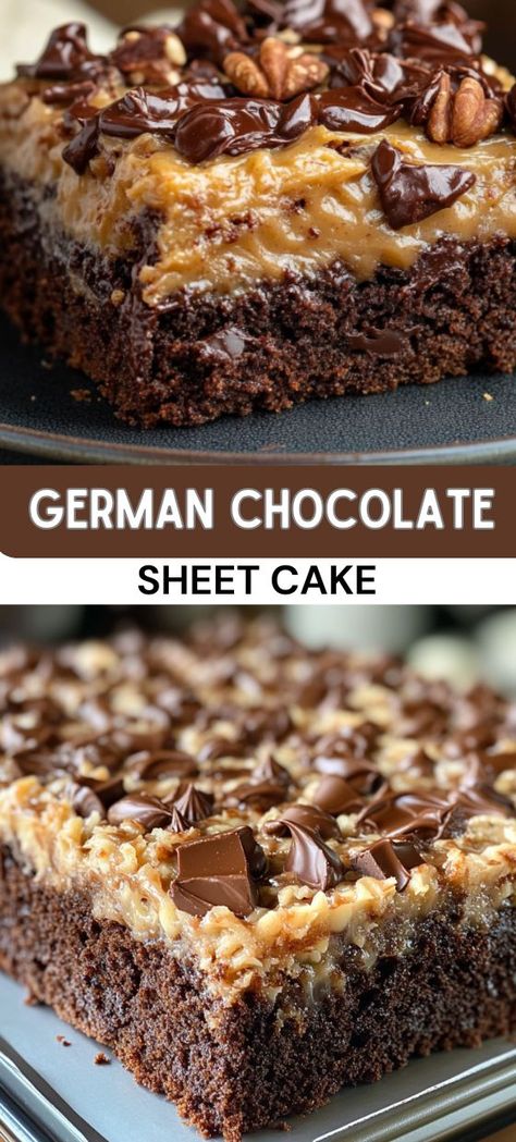 German Chocolate Sheet Cake German Chocolate Sheet Cake, German Chocolate Cake Recipe, Rich Cake, Chocolate Sheet Cake, Sheet Cake Recipes, German Chocolate Cake, Decadent Cakes, German Chocolate, Brownie Cake