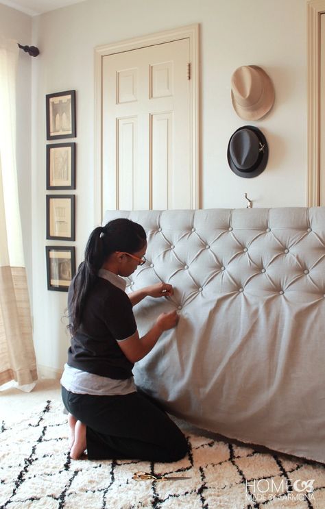 Learn the easiest way to make a DIY Diamond Tufted Headboard for under $50! This is by far the most detailed and easy-to-follow tutorial | Home Made by Carmona Tufted Headboard Bedroom Diy, Tufted Headboard Diy, Cardboard Headboard, Tufted Headboard Bedroom, Diy Upholstered Headboard, Diy Tufted Headboard, Rustic Cottage Style, Headboard Tutorial, Headboard Diy