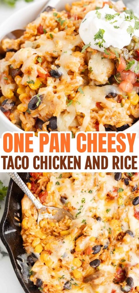 One Pan Cheesy Taco Chicken and Rice is an easy stove top dinner recipe loaded with chicken thigh chunks, Rotel, corn, black beans, taco seasoning, rice and shredded cheese. Taco Chicken And Rice, Enchiladas Burritos, Seasoning Rice, Rotel Recipes, Top Dinner Recipes, Taco Chicken, Mexican Chicken And Rice, Mexican Rice Recipes, Chicken Rice Recipes