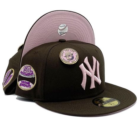 Please Note: Capsule Hats Pin(s) Required. | Men's New Era New York Yankees No Bad Brims Collection 50th Anniversary Capsule Hats Exclusive 59Fifty Fitted Hat in Brown/Pink Pink And Brown Hat, New Era Cap Outfit Woman, Brown Fitted Hat, Cozy Fall Outfits Aesthetic, Hat Men Outfit, Nyc Cap, Nyc Hat, New Era Yankees, Ny Cap