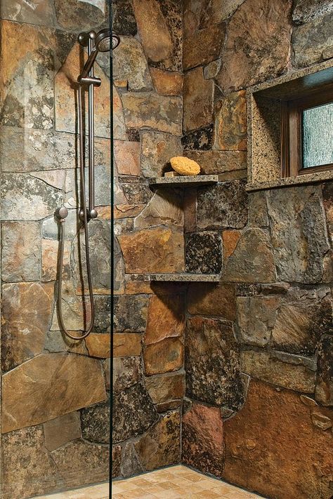 Rustic Shower Ideas Bathroom, Cabin Shower Ideas, Rustic Shower Ideas, Stone Shower Walls, Bathroom Stone Wall, Rustic Bathroom Shower, Tuscan Bathroom, Montana Cabin, Stone Cabin