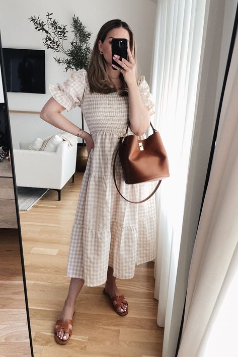 Gingham Dress Styling, Teacher Looks Outfit Summer, Neutral Gingham Dress, Tan Summer Dress, Tan Gingham Dress, Flowy Spring Outfits, Mom Outfits Dress, Mom Dress Casual, Gingham Dress Outfit Summer