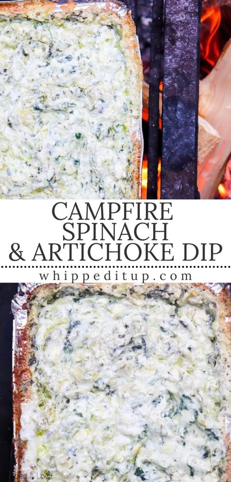 Anyone for an amazing dip while outside or camping, gather around for this one. #campfiredip Campfire Spinach Artichoke Dip, Campfire Dip Recipe, Campfire Dips Camping Recipes, Fall Campfire Recipes, Campfire Spinach Dip, Campfire Dips, Weekend Getaway Food Ideas, Campfire Appetizer, Camping Appetizers Easy