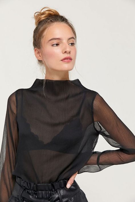 UO Catherine Sheer Chiffon Mock Neck Blouse | Urban Outfitters Sheer Top Outfit, Mock Neck Blouse, Sheer Shirt, Outfit Look, Sheer Chiffon, Blouse Outfit, Looks Style, Sheer Blouse, Party Shirts