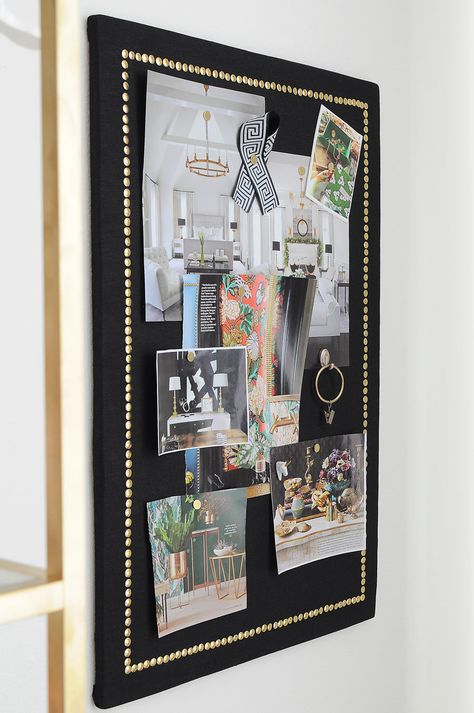 Use common dollar store supplies to make a chic and functional cork board. Love the black linen and gold nailhead border, and the tutorial is so detailed! Totally making one. Memo Board Ideas, Diy Memory Board, Diy Cork Board Ideas, Cork Board Makeover, Painted Cork Board, Cork Board Ideas, Diy Pin Board, Black Cork Board, Pin Board Ideas