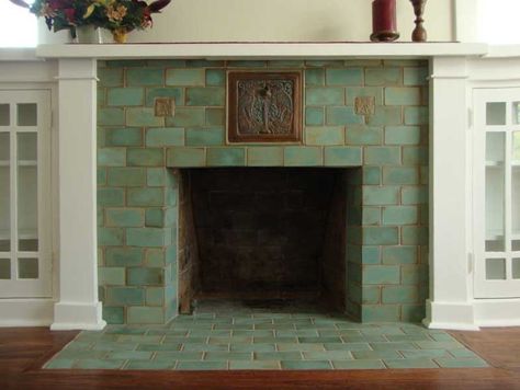 Revival Hearths | Arts & Crafts Homes and the Revival Craftsman Fireplace, Craftsman Tile, Arts And Crafts Tile, Green Tiles, Craftsman Interior, Fireplace Tile Surround, The Mantle, Patio Fireplace, Arts And Crafts House