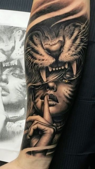 Arm Tattoos Tiger, Tato Realis, Geometric Tattoo Sleeve Designs, Cute Tattoo Ideas, Tiger Tattoo Sleeve, Lion Tattoo Sleeves, Last Kingdom, Native Tattoos, Cute Tattoo