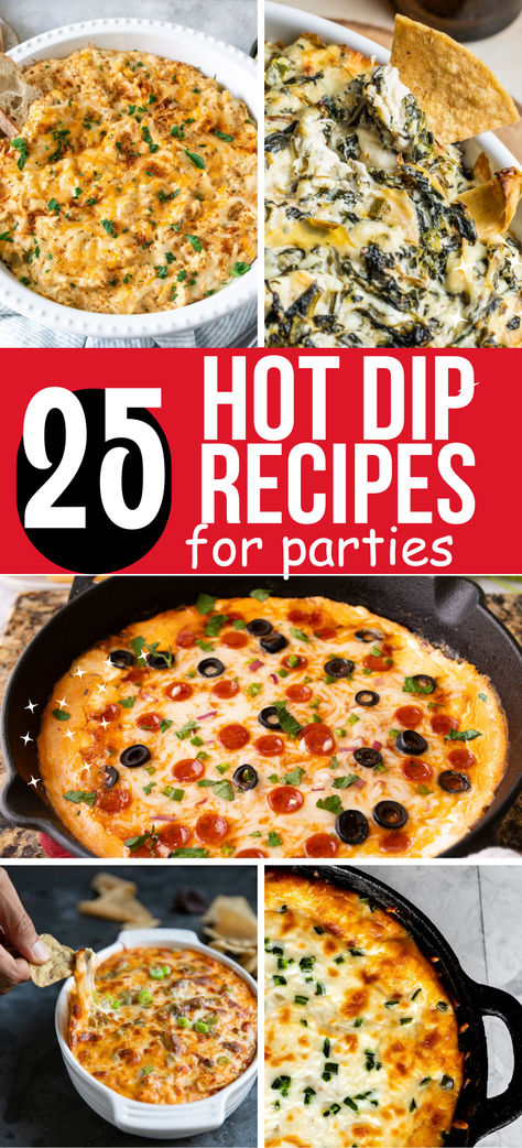 Photo collage of hot dip recipes for parties. Dip Recipes Oven, Hot Dip For Party, Hot Dip Recipes For Parties, Dip For Tostitos, Best Hot Dip Recipes, Best Dip Appetizers, Potluck Dips Crockpot, White Caso Dip Recipe, Dip For Party Crowd Pleasers