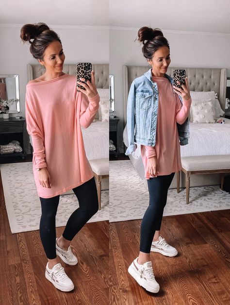 amazon pink tunic with amazon leggings, amazon fashion Pink Tunic Outfit, Pink Sweatshirt Outfit, Tunic Dress With Leggings, Amazon Leggings, Tunic With Leggings, Sweatshirt Outfits, College Dress, Tunic Tops For Leggings, Classy Coat