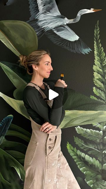 Chera Creative | Muralist & Artist on Instagram: "The dark botanical mural of my dreams 🌲🌿 I’ve been wanting to paint a mural like this for a while and thankfully my sister was on the same page for my nephew’s nursery! . . . . . #mural #botanicalmural #botanicalart #floralmural #moodymural  #streetart #UrbanArt #PublicArt #WallArt #GraffitiArt #muralist #MuralPainting #ArtisticExpression #OutdoorArt #CommunityArt #ColorfulMurals #PaintedWalls #StreetArtistry #MuralistsOfInstagram #SprayPaintArt #LargeScaleArt #CityArt #CreativeWalls #ArtInstallation #dallasmural #dallasmurals #dallasartist #dallastx #muralsofinstagram #sophisticated" Large Murals Ideas, Forest Wall Mural Painted Diy, Botanical Mural Painting, Cool Wall Murals, Bedroom Wall Mural Ideas, Nature Murals, Dallas Murals, Wall Murals Painted Diy, Botanical Mural