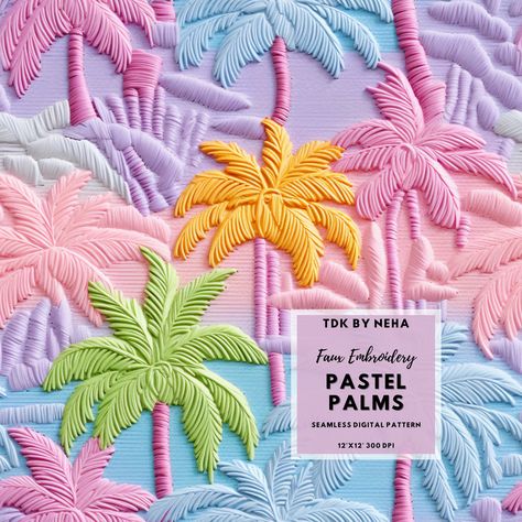 Palm Tree Patterns, Pastel Palm Trees, Palm Fabric, Palm Tree Fabric, Tree Faux, Palm Tree Pattern, Faux Embroidery, Applique Letters, Statement Wallpaper