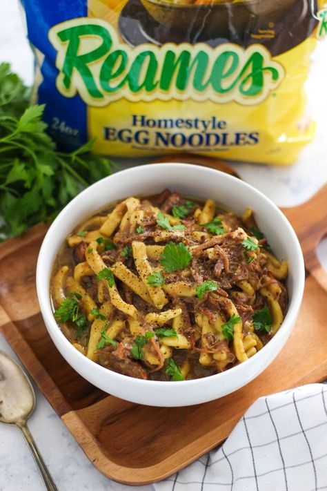 Beef And Noodles Frozen Noodles, Beef And Noodles With Reames Noodles, Beef And Noodles Stove Top, Reames Noodle Recipes, Easy Beef And Noodles, Slow Cooker Beef And Noodles, Reames Noodles, Noodles Crockpot, Beef And Noodles Crockpot