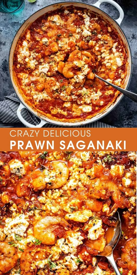 Cooked Prawn Recipes, Prawn Saganaki, Shrimp Saganaki, Saganaki Recipe, Prawn Dishes, Prawn Shrimp, Prawn Recipes, Sea Vegetables, Shrimp Recipes For Dinner