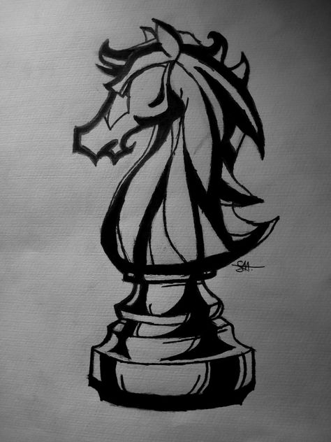 Chess Knight Drawing, Knight Chess Piece Drawing, Chess Aesthetic Drawing, Chess Knight Tattoo, Chess Knight, Knight Drawing, Knight Chess, Knight Tattoo, Dark Art Tattoo