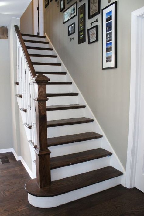 painted risers stained treads Redo Stairs, Open Stairs, White Stairs, Stair Makeover, Diy Staircase, Stairs Makeover, Hall Carpet, Staircase Remodel, Staircase Makeover