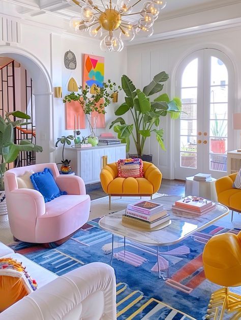 White Furniture Colorful Accents, Cheerful Home Decor, White Walls Bright Decor, Maximalist Blue Living Room, Maximalist Living Room White Walls, Colour Pop Interior Design, Colorful Minimalist Living Room Apartment, White And Colorful Living Room, Modern Pop Living Room