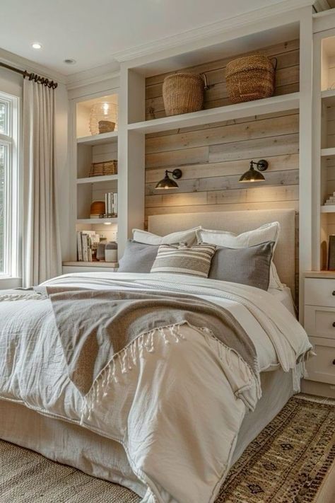 Square Bedrooms Ideas, Small Den Bedroom Ideas, Narrow Primary Bedroom, Mutual Bedroom Ideas, Ceiling Storage Ideas Bedroom, Small Space Master Bed, Bedroom With Shelves On Wall, Apartment Small Bedroom Ideas, Bedroom Ideas For Long Rooms