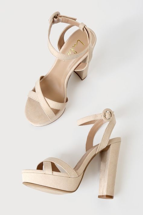 Beige Shoes Heels, Beige Platform Heels, Lulus Heels, Platform Ankle Strap Heels, Ankle Cuff Heels, Nude Platform Heels, White Bridal Shoes, Feather Heels, Cream Heels