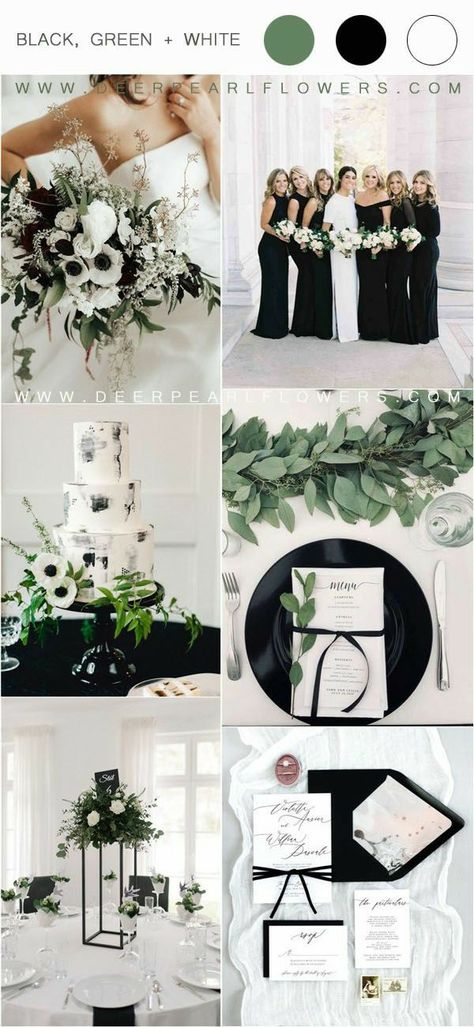 Wedding Color With Black, Black Scheme Wedding, All Black Wedding With Greenery, White Black Sage Wedding, Wedding Colors Black And Green, Formal Wedding Theme Ideas, Black Sage And White Wedding, Wedding Idea Color Schemes, Modern Green And White Wedding