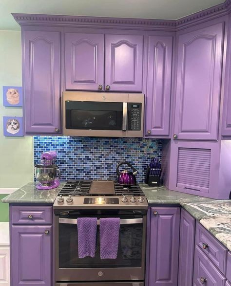 Purple Room Design, Purple Kitchen Cabinets, Home Haunted House, Haunted House Decor, Pretty In Purple, Beautiful Kitchen Cabinets, Dream Bedroom Inspiration, Purple Kitchen, Purple Rooms