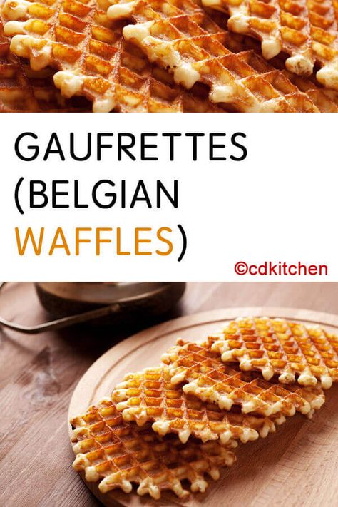 Gaufrettes (Belgian Waffles) - No maple syrup for these waffles. Belgian-style means flat, crispy gaufrettes that are more like cookies than fluffy, butter-topped breakfast waffles--cinnamon, butter, and rum make them crazy tasty. Made with all-purpose flour, sugar, cinnamon, baking powder, sweet butter, eggs, rum | CDKitchen.com Belgian Gaulettes, Galette Cookies, Crispy Sugar Cookie Recipe, Waffles Cinnamon, Waffles Belgian, Belgian Recipes, Sweet Waffles, Caramel Recipe Easy, Belgium Food