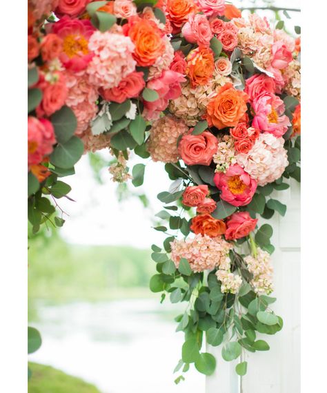 Vibrant Coral, Orange and Pink Wedding ~ we ♥ this! moncheribridals.com Pink Orange Wedding Flowers, Green Spring Wedding, Bouquet Pastel, Orange And Pink Wedding, Coral Wedding Flowers, Pink And Orange Flowers, Orange Wedding Flowers, Arch Decoration Wedding, Spring Wedding Colors