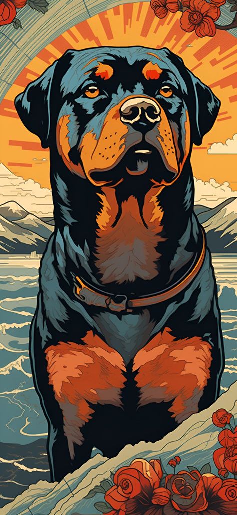 A Ukiyo-E style depiction of a Rottweiler posing majestically with mountains and a valley in the background, ideal as an aesthetic phone wallpaper. Rottweiler Pictures, Rottweiler Tattoo, Rottweiler Art, Bald Eagle Art, Canvas Art Painting Abstract, Unique Wallpapers, Wal Art, Spirit Animal Art, Aesthetic Wallpaper Iphone