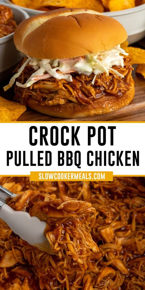 This easy recipe for Crock Pot BBQ Pulled Chicken is delicious and easy to make! With less than ten ingredients, you’ll have tender shredded chicken in a sweet and tangy sauce that’s perfect for sandwiches, tacos, or to enjoy with your favorite side dishes! Your family will love this easy chicken recipe. Pulled Chicken And Coleslaw, Croc Pot Shredded Chicken, Crockpot Barbecue Pulled Chicken, Dinner Ideas For Two Crock Pots, Crockpot Chicken Easy Recipes, Easy Bbq Shredded Chicken, Pulled Chicken Crock Pot Recipes Bbq, Crock Pot Chicken Shredded, Pulled Barbecue Chicken Crock Pot