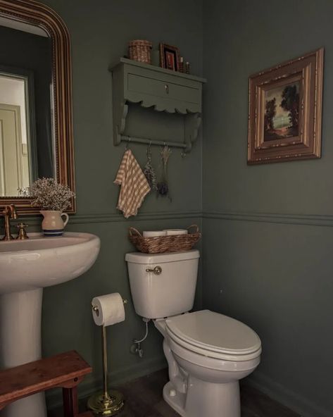 Our powder room was very "builder grade" and lacked the aesthetic appeal I wanted to achieve in our home. I saw the opportunity to transform this small yet frequently used space into a something totally out of my comfort zone and I could not be happier with the result. I had a vision of a dark rich green with lots of antique inspired gold accents. Cabin Powder Room, Powder Bath Paint Ideas, Half Bath Gold Accents, Tiny Bathroom Aesthetic, Powder Room Moody, Green Bathroom With Gold Accents, Cottage Half Bath, Cottage Powder Room, Black Half Bath