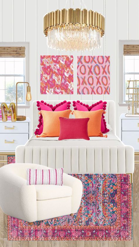 preppy, pink, orange, dorm room, posters, pink and orange bedroom, teen girl bedroom Pink Orange Bedroom Aesthetic, Navy Pink And Orange Bedroom, Pink White And Orange Bedroom, Preppy Teen Bedroom Ideas, Pink Orange Room, Pink And Orange Room Decor, Room Posters Pink, Pink Orange Bedroom, Pink And Orange Dorm Room