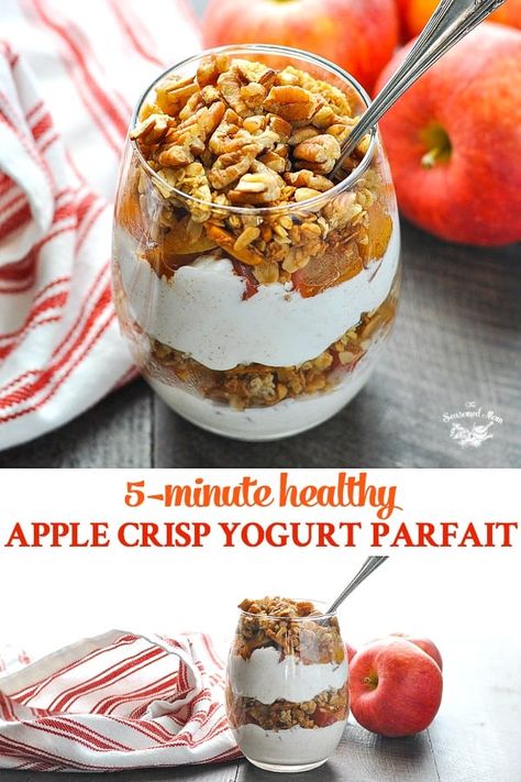 A 5-minute Healthy Apple Crisp Yogurt Parfait is a delicious breakfast, snack or dessert that you can prepare in advance and enjoy on the go! Loaded with protein from Greek yogurt, fruit, and healthy fats, it’s a satisfying and nourishing meal prep option that you can whip up whenever the craving strikes! Apple Greek Yogurt, Healthy Protein Breakfast, Yogurt Parfait Recipe, Healthy Apple Crisp, Healthy Fruit Smoothies, Fruit Parfait, Parfait Recipes, Healthy Yogurt, Healthy Breakfast Smoothies