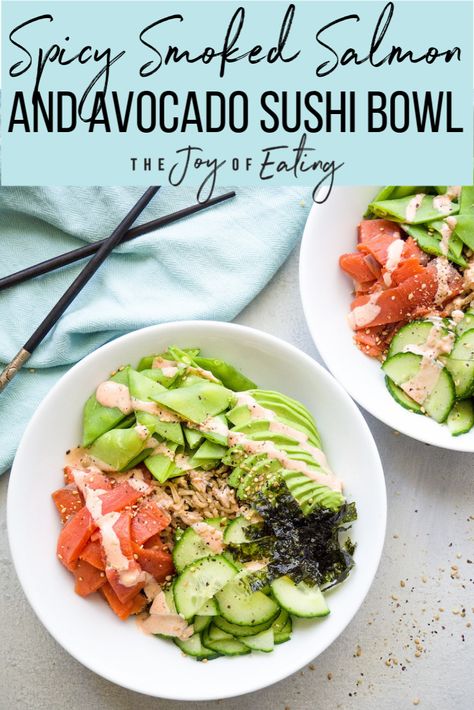 Smoked Salmon Meal Prep, Smoked Salmon Meals, Spicy Smoked Salmon, Fiber Vegetables, Saucy Meals, Smoked Salmon And Avocado, Smoked Salmon Sushi, Pescatarian Lifestyle, Avocado Sushi