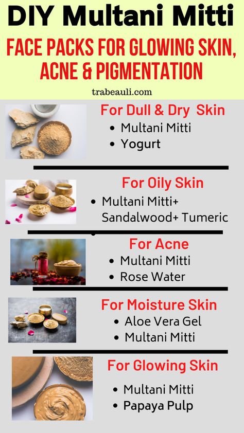 mutani mitti face packs for glowing skin Skin Care With Multani Mitti, How To Apply Multani Mitti, Diy Face Pack For Glowing Skin, Multani Mitti Face Pack For Pimples, Natural Face Packs Homemade, Fuller Earth Face Pack, Rice Powder Face Pack For Glowing Skin, Body Pack For Glowing Skin, Face Pack For Acne Homemade