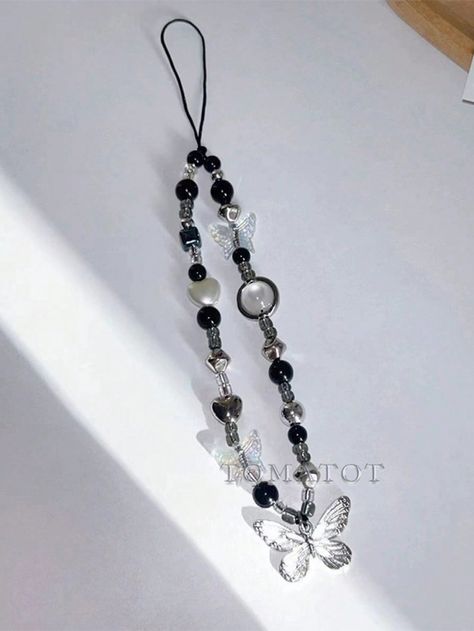 Black and White  Collar  PMMA   Embellished   Jewelry Making Black Phone Strap, Phone Beads Chain, Phone Strap Beads, Phone Beads, Beaded Phone Strap, Emo Accessories, Phone Chains, Butterfly Black And White, Phone Pendant