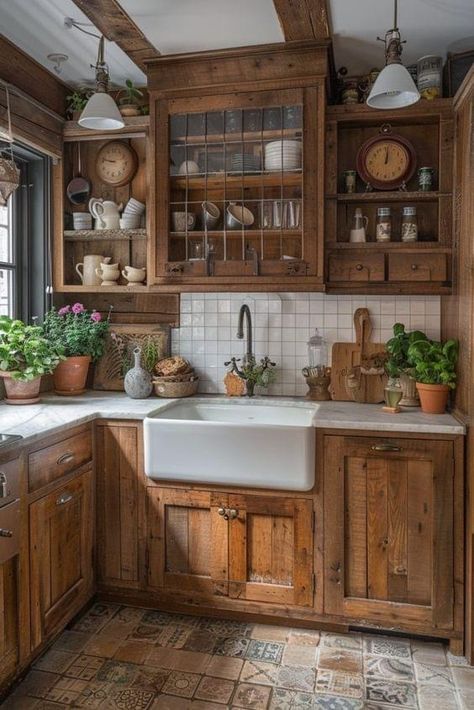 Industrial Loft Kitchen, Loft Kitchens, Antique Wood Furniture, French Style Kitchen, Distressed Wood Furniture, Casa Vintage, French Country Kitchen, French Kitchen, Antique Kitchen