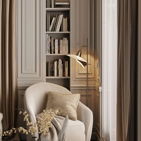 Elegant reading corner with plush cream armchair, well-stocked bookshelf, and soft decorative elements. Ideal for refined readers seeking a cozy space for literary adventures. Cream Armchair, Cozy Reading Corner, Elegant Floor Lamps, Cozy Reading Corners, Reading Corner, Cozy Reading, Reading Nook, Nook, Natural Light