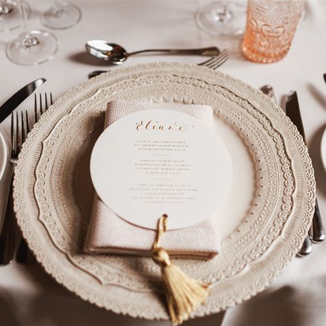 Shall we dine? // these beautiful circular menus have been one of my most popular requests. And it’s easy to see why: a menu and place card combined, elevated with a beautiful luxurious gold tassel. A&J opted for white to perfectly complement the beautiful blush tones of the flowers & tableware. How are you doing your menus? Venue @ashridgehouse Photography @piotrowskiphoto Tableware @duchessbutler Stationery @inkandpaper_ldn #weddingmenu #ashridgehouse #hotfoilmenu #onthedaystationery... Ashridge House, Menu And Place Card, Dining Menu, Blush Tones, House Wedding, Menu Cards, Place Card, Wedding Menu, A J