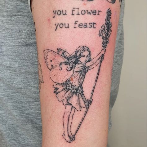 The lavender fairy, adapted from the artwork of Cecily Mary Barker, done for Arriana at @scorpiomarstattoo | Instagram Cecily Mary Barker, Spray Tattoo, Lavender Fairy, Mom Daughter Tattoos, Lavender Tattoo, Leg Tattoos Women, Fairy Tattoo, Sun Tattoo, Baby Tattoos