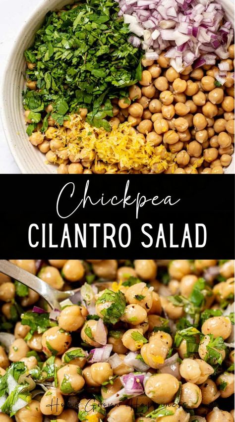 This chickpea cilantro salad is full of fresh ingredients and flavor. It’s a super simple salad to make too and makes a healthy lunch or perfect side dish. This easy vegan chickpea salad uses canned chickpeas (also known as garbanzo beans) which cuts down on the prep time immensely. If you want to cook your own, there are instructions further down for that too! The chickpeas are tossed with chopped onion, cilantro and lemon zest and it’s brought together with a simple lemon vinaigrette. Garbanzo Salad, Vegan Chickpea Salad, Garbanzo Bean Recipes, Garbanzo Beans Salad, Cilantro Salad, Vegan Chickpea, Simple Vinaigrette, Simple Salad, Lemon Vinaigrette