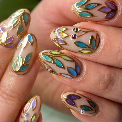 Can’t get enough of this set/design. They remind me of stained glass, or enamelled flowers. I used more colours in this set as a… | Instagram Glass Stained Nails, Asa Bree Nails, Stained Glass Manicure, Nail Art Vitrail, Nail Art Inspo Aesthetic 2024, Stained Glass Nails Designs, Different Hand Color Nails, Stain Glass Window Nails, Green Theme Nails