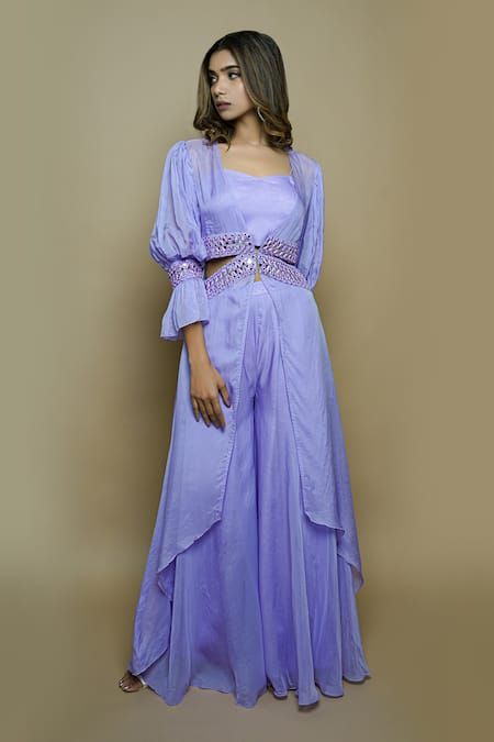 Buy Purple Viscose Organza Lining- Heavy Balloon Sleeves Cape And Palazzo Set For Women by Ahi Clothing Online at Aza Fashions. Wedding Dresses Indowestern, Indo Western Designer Outfits, Indo Western Outfit Ideas, Western Kurti, Cape Set, Trendy Outfits Indian, Lehenga Designs Simple, Purple Mirror, Indian Dresses Traditional