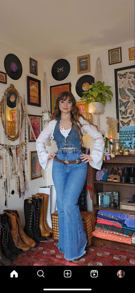 70s Fashion School Appropriate, 2008 Clothes Style, 70s Fashion Inspiration Vintage, Jean Vest Outfits 70s, Halter Top Layered Outfit, Single Clothing Items, Campy Aesthetic Fashion, 70s Fashion Midsize, Female Farmer Outfit