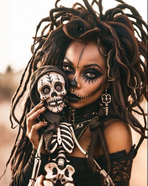 Voodoo Makeup Woman Halloween, Voodoo Skull Makeup, Voodoo Witch Costume Halloween Makeup, Witches Make Up For Women, Glam Zombie Makeup Women, Voodoo Princess Costume, Voodoo Make Up Halloween, New Orleans Voodoo Costume, Halloween Scary Makeup Ideas