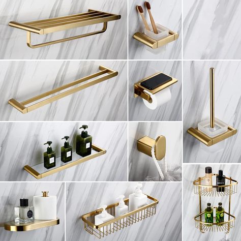 Accessories For Bathroom, Bath Shelves, Wall Mounted Corner Shelves, Gold Bad, Brass Bathroom Accessories, Washroom Accessories, Washroom Decor, Square Bath, Bath Shelf