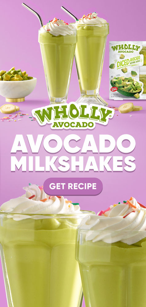 Don’t let the green fool you – this creamy milkshake will soon be one of your favorites! We blended ice cream with our always ready WHOLLY® Diced Avocado and a couple other ingredients. Avocado Milkshake Recipe, Smoothies That Taste Like Milkshakes, Ice Cream Shakes Milkshakes, Smoothie That Tastes Like Milkshake, Banana Shake Recipe Milkshakes, Dairy Free Shamrock Shake, Ice Cream Shakes, Avocado Milkshake, Ice Cream Shake