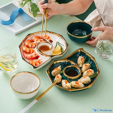 OrcaJump - Artisan Ceramic Conch Shaped Plate Set with Dipping Saucer - White and Green Tones Mermaid Dinner, Plates Aesthetic, Tropical Dishes, Food Furniture, Unique Dinnerware, Kitchen Pottery, Downtown Living, Brow Tattoo, Ceramic Dinnerware Set