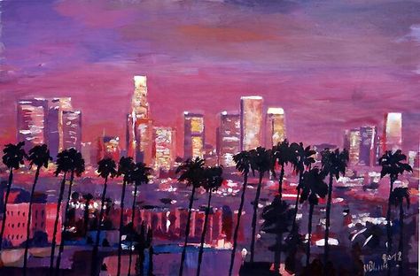 This is the skyline of Los Angeles, California - at Night - with a golden touch - and palms in the foreground Los Angeles Skyline, Skyline Painting, Wassily Kandinsky Paintings, Art Print Display, Lithography, Oil Painting On Canvas, Painting Frames, Graphic Art Print, Fine Art Print